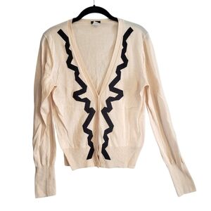 J Crew Pima Cotton Wool Blend Beige Black Vneck Button-up Cardigan Sweater Wmn L